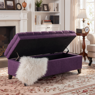 Sunvega Blue Fabric Storage Ottoman with Birch Legs for Living Room Seating