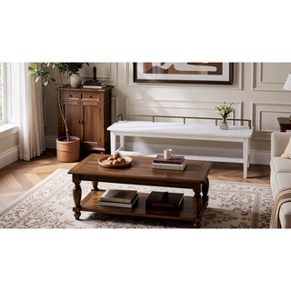 Sunvega Vanilla Finish Dining Bench with Oil-Rubbed Brass Galley Rail