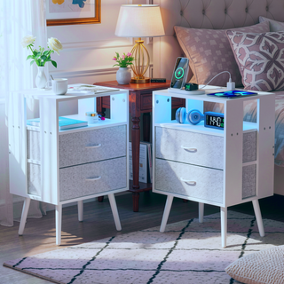 Sunvega Modern Nightstand with Charging Station, LED Light and Fabric Drawers