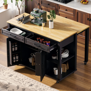 Sunvega Extendable Kitchen Island with Dining Table Internal Storage and Power Outlet