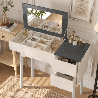 Sunvega White Makeup Vanity Table with Flip Top Mirror and Storage for Bedroom