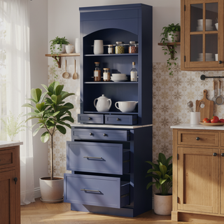 Sunvega Freestanding Tall Kitchen Pantry Cabinet with Faux Marble Top and 5 Storage Drawers