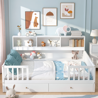 Sunvega Twin Floor Bed with Bedside Bookcase Guardrails and Shelves in Grey