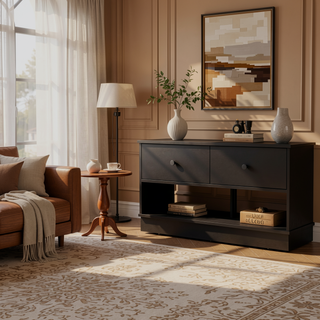 Sunvega Black Storage Bench with Two Open Shelves and Two Drawers for Entryway