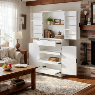 Sunvega Freestanding Fluted Kitchen Pantry Cabinet with 3 Keyboard Drawers and 6 Shelves