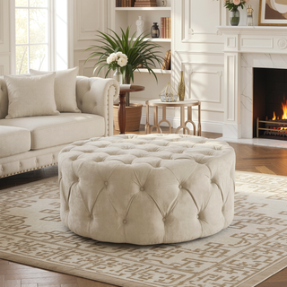 Sunvega Round Storage Ottoman with Faux Leather Upholstery and Tufted Design
