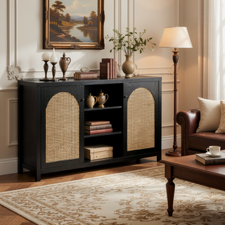 Sunvega Transitional 58-Inch Sideboard with Arched Rattan Door Panels