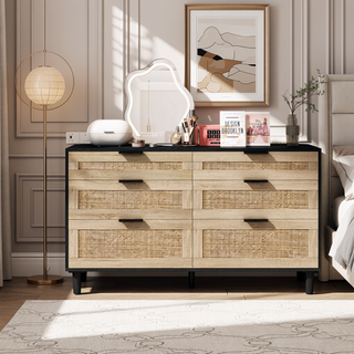 Sunvega Modern Natural Rattan 6 Drawer Dresser with Wood Legs for Bedroom Storage