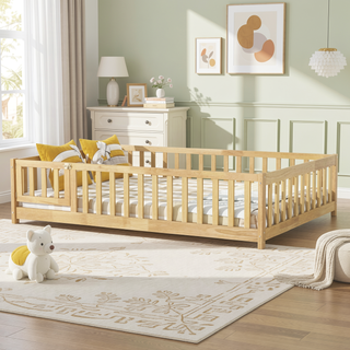 Sunvega Natural Rubber Wood Twin Size Floor Bed with Safety Guardrails and Door