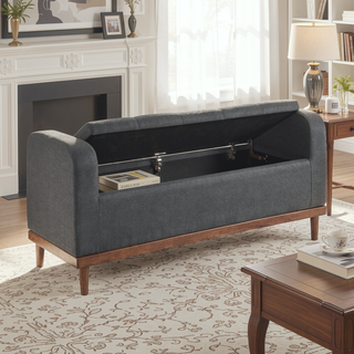 Sunvega Solid Wood Walnut Finish Tufted Dark Gray Upholstered Storage Bench with Lift Top