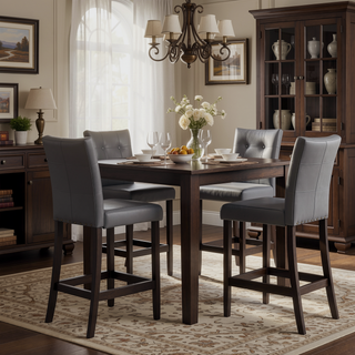 Sunvega Light Gray Transitional Bar Table Set with 4 Grid Tufted Bar Stools