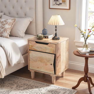 Sunvega Natural Wood Nightstand with Storage Drawer and Cabinet for Bedroom