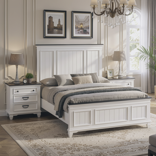 Sunvega King Bed and 2 Nightstands Set with Shiplap Panel and Modern Farmhouse Style
