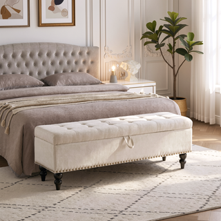 Sunvega Beige Fabric Upholstered Storage Ottoman Bench with Button Tufted Top