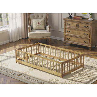 Sunvega Natural Rubber Wood Twin Size Floor Bed with Safety Guardrails and Door