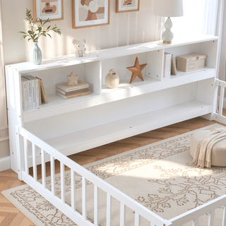Sunvega Twin Floor Bed with Bedside Bookcase Guardrails and Shelves in Grey