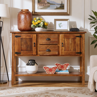 Sunvega Retro Style Solid Pine Wood Sideboard Console Table with 2 Drawers and Cabinets