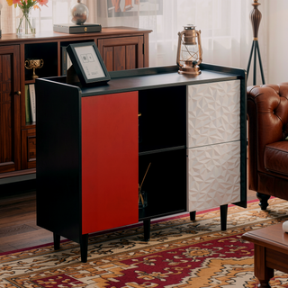 Sunvega Black and Red Modern Sideboard Buffet Cabinet with 2 Drawers