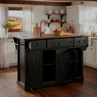 Sunvega Farmhouse Kitchen Island with Storage Sliding Barn Door Drop Leaf and Charging Station