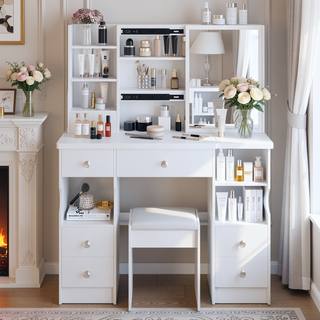 Sunvega Small Space Dressing Table with Cushioned Stool and Extra Large Sliding Mirror