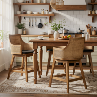 Sunvega Handcrafted Taupe Beige Cane Rattan Swivel Counter Stool with Recessed Arms