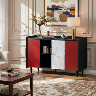 Sunvega Black and Red Modern Sideboard Buffet Cabinet with 2 Drawers