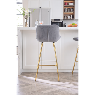 Sunvega Set of 2 Velvet Fabric Bar Stools with Chrome Footrest and Golden Legs