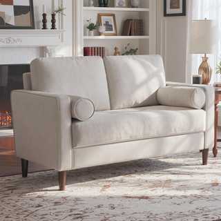 Sunvega Mid-Century Modern Off-White Leatherette Bench-Style Seating with Bolster Pillows