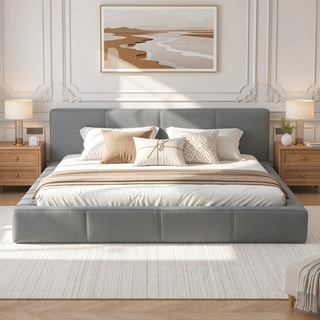 Sunvega Stylish Gray Upholstered King Bed with Faux Leather and Wood Frame
