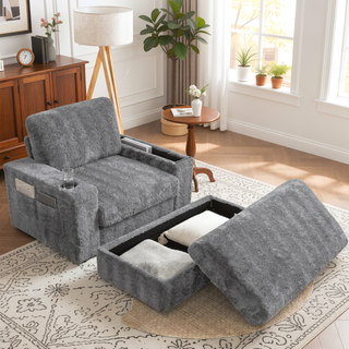 Sunvega Faux Rabbit Fur Sofa Bed with Storage Ottoman Cup Holders and Armrests