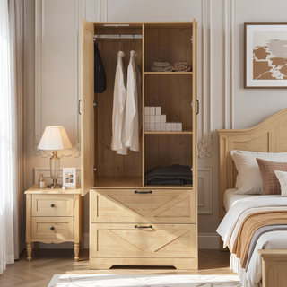 Sunvega Natural Wood Wardrobe for Bedroom with Mirror, 2 Doors, 2 Drawers, and Built-in Light