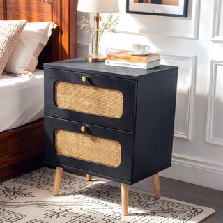 Sunvega Rattan Nightstand with Two Handmade Decorated Drawers for Bedroom and Living Room