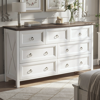 Sunvega Farmhouse 7 Drawers Dresser TV Stand with Barn Door Style and Spacious Design