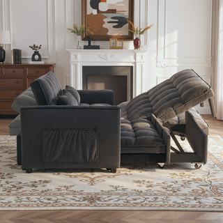 Sunvega Pink Velvet Convertible Sofa Bed with Reclining Backrest and Storage Pockets