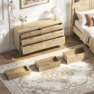 Sunvega 6 Drawer Rattan Dresser with Metal Handle and Wood Legs for Bedroom Storage