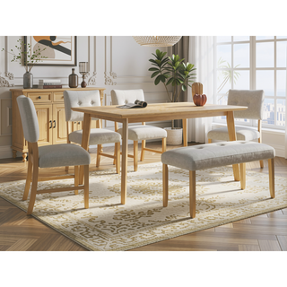 Sunvega Retro Rectangular Dining Table for 6 with Rubberwood Legs and Anti-Scratch Feet