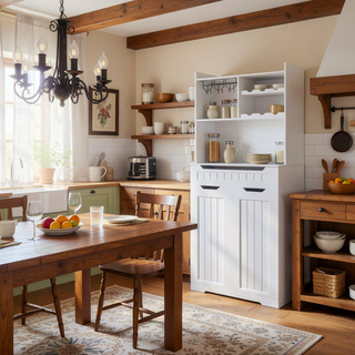 Sunvega Modern Farmhouse White Buffet Cabinet with Hutch for Kitchen Storage and Dining Room