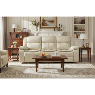 Sunvega Cream Breathable Leather Manual Reclining Sofa with Pillow Top Arm Cushions