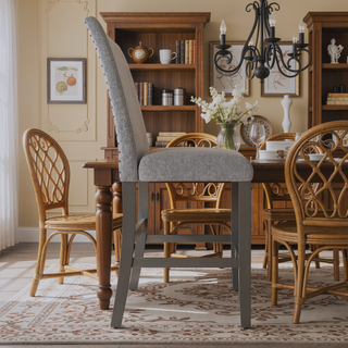 Sunvega Gray Upholstered Bench With Back In Transitional Walnut Ash Style