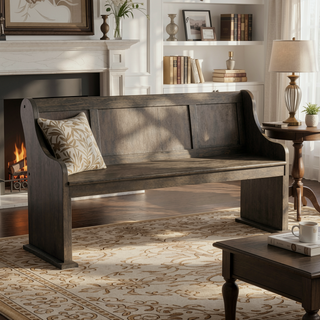 Sunvega Dark Oak Finish Wooden Backrest Bench with Curved Arms for Dining
