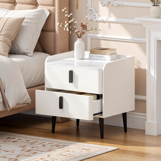 Sunvega Modern Nightstand with 2 Spacious Drawers and Marble-Pattern Tabletop