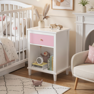 Sunvega White and Golden Kids Wooden Nightstand with One Drawer and Shelf