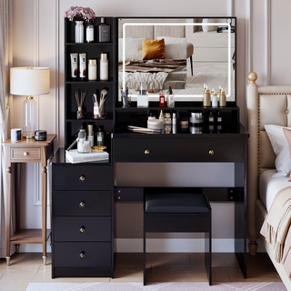 Sunvega 41 Inch Large Size Left Bedside Cabinet Vanity Table with Cushioned Stool