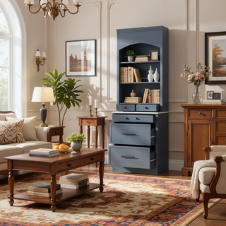 Sunvega Freestanding Tall Kitchen Pantry Cabinet with Faux Marble Top and 5 Storage Drawers