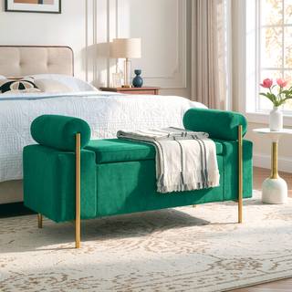 Sunvega Elegant Upholstered Linen Storage Bench with Cylindrical Arms and Iron Legs