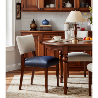 Sunvega Midnight Blue Faux Leather Dining Chair Set with Walnut Frame and Gold Handle