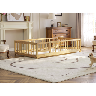 Sunvega Natural Rubber Wood Twin Size Floor Bed with Safety Guardrails and Door