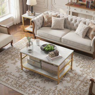 Sunvega Faux Marble and Gold Steel Frame 2-Tier Storage Coffee Table Set of 2