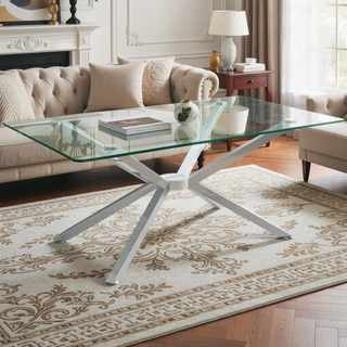 Sunvega Modern 39.37" Rectangular Clear Tempered Glass Coffee Table with Black Metal Legs