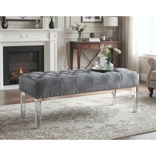 Sunvega Blue Velvet Upholstered Bench with Button Tufted Detail and Acrylic Legs